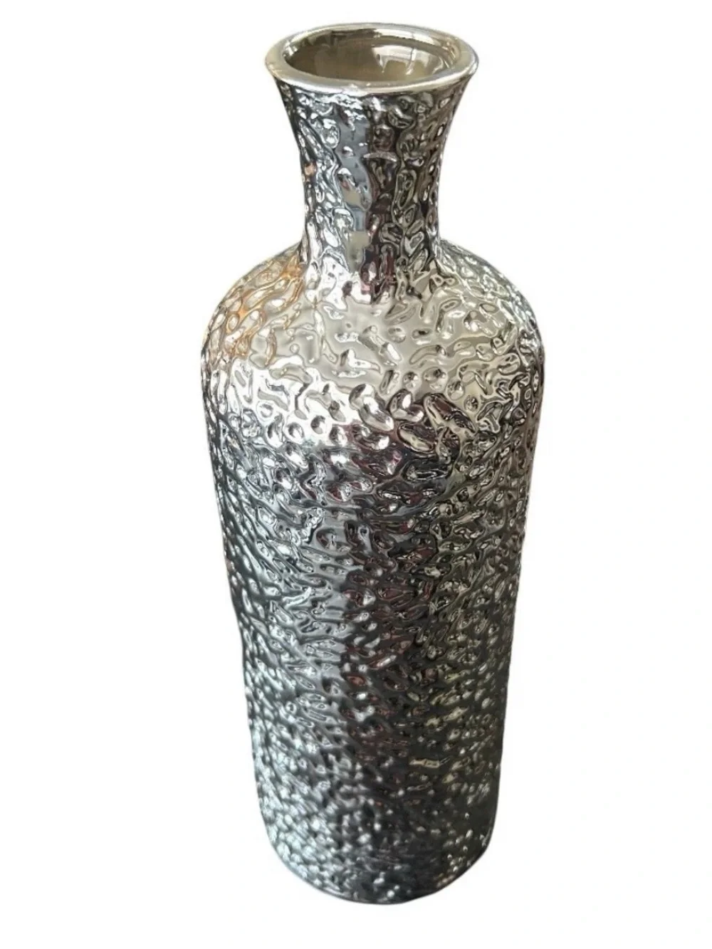 Tall Silver Metallic Textured Vase Modern Hammered Finish Shiny Glam Home 13”